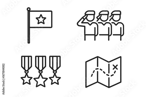 Military icons set. Army outline symbols for veteran and patriot concepts. Includes unit flag, soldier salute, honor medals and mission map. Vector graphic for war strategy.