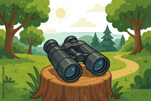 Binoculars for nature observation on a hiking trip. Concept of adventure, travel, and exploration. Outdoor equipment for camping and bird watching in a summer forest landscape.