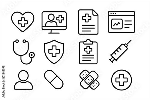 Health and medical outline icon set. Healthcare, telemedicine, reports, and dashboard icons. Vector line art symbols for hospital, clinic, pharmacy, and online consultation.