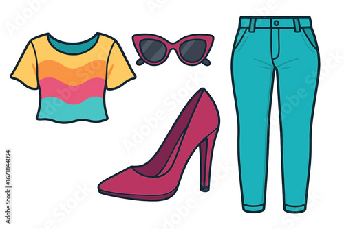 Women's fashion outfit set. Vector illustration of a colorful casual crop top, pants, stylish high heel shoe, and sunglasses. Trendy summer clothing and accessories isolated.