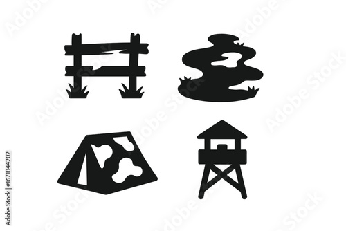 Military landscape icon set. Solid glyphs of army base elements. Includes broken fence, muddy swamp, camouflage tent, and lookout tower. Vector symbols for war game assets.