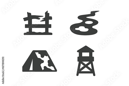 Military landscape icon set. Solid glyph icons of war zone elements. Broken fence, muddy trail, camouflage tent, and lookout tower. Army training, obstacle course vector.