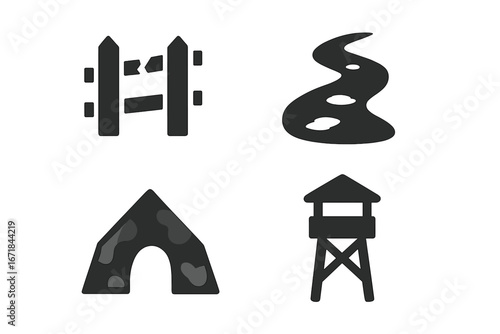 Military landscape solid filled icon set. Vector symbols of broken fence, muddy trail, camo tent, and watchtower. Army base, training ground, warfare pictogram collection.
