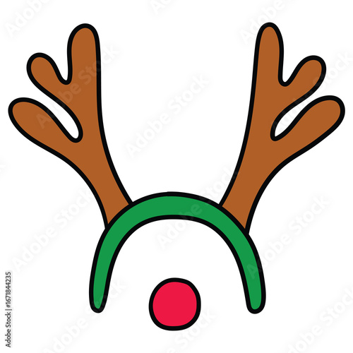 Hand drawn cartoon deer antlers and nose christmas mask on white background.