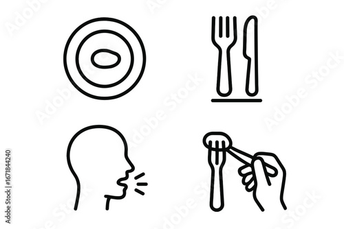 Mindful eating line icon set. Concepts of intuitive eating, portion control, slow eating, and conscious chewing. Healthy diet and nutrition for wellness and mental health.