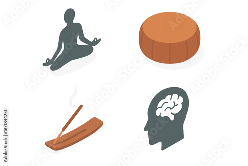 Mind body wellness isometric icon set. Yoga pose silhouette, meditation cushion, incense stick, and head with brain. Mental health, mindfulness, and relaxation concept vector.