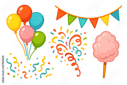 Vector set of party elements. Colorful cartoon collection for celebration, birthday or carnival. Decorative items like balloons, confetti, cotton candy, garland. Festive illustration.