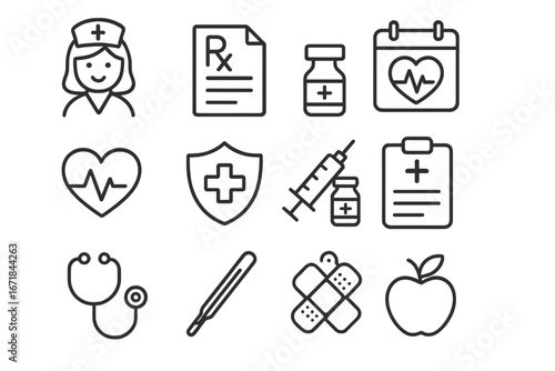 Healthcare medical line icon set. Vector symbols for health, medicine, hospital, pharmacy. Nurse, doctor, prescription, vaccine, cardiogram, stethoscope, first aid icons.