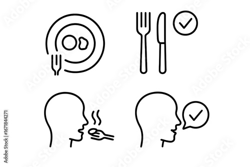 Mindful eating icon set. Intuitive eating practice for health and wellness. Vector line icons of portion control, savoring food, slow eating, and listening to your body.