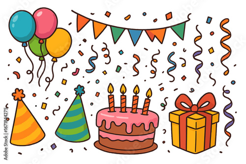 Set of colorful party elements. Birthday celebration cartoon doodle collection. Vector illustration with gift box, cake, balloons, confetti, banner and hat for festive design.