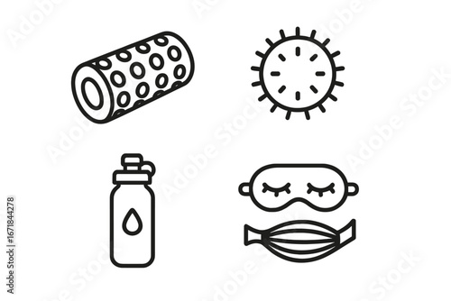 Mindful recovery and rest outline icon set. Foam roller, massage ball, water bottle, sleep mask and muscle icons. Vector illustration for fitness, wellness and self-care.