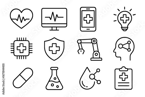 Healthcare technology outline icon set. Medical innovation, digital health, telemedicine, cardiology, AI, robotics symbols. Vector line art for medicine and science concepts.
