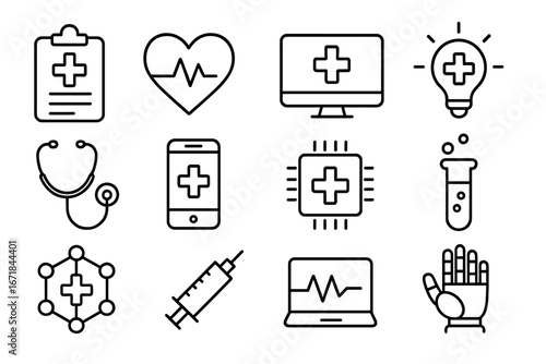 Healthcare technology outline icon set. Medical innovation symbols collection. Vector icons for digital health, telemedicine, AI, mHealth, biotech and medical research concept.