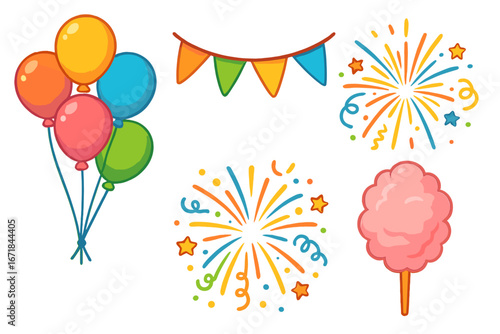 Set of party celebration elements. Vector cartoon icons collection with balloons, fireworks, confetti, cotton candy and flag garland for birthday, carnival or festival design.