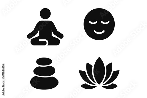Mindfulness meditation icon set. Zen balance symbols. Person in lotus pose, calm face, stacked stones, lotus flower. Wellness, relaxation & spiritual contemplation vector.