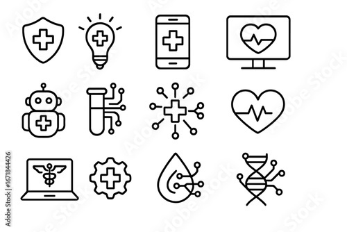 Healthcare technology outline icon set. Medical innovation, digital health, telemedicine, ai robot, biotech, genetics, cardiology, e-health and futuristic medicine vector symbols.
