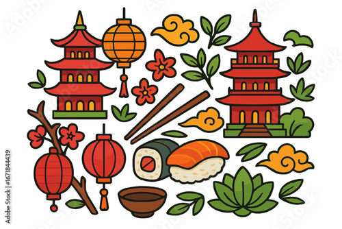 Set of traditional Asian culture icons. Japanese and Chinese elements. Vector illustration of pagoda, lantern, sushi, chopsticks, sakura, lotus. Travel to Asia concept design.