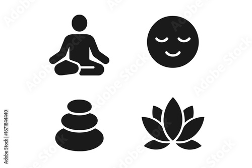 Mindfulness solid icon set. Meditation, contemplation, and yoga concepts. Includes person in lotus pose, calm face, zen stones, and lotus flower. Wellness and balance glyphs.