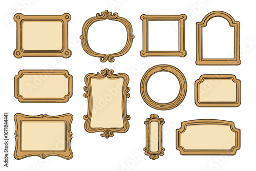 Collection of vintage frames. Empty retro border for picture, mirror or label. Decorative antique design element. Ornate cartoon vector set for customization. Blank space.