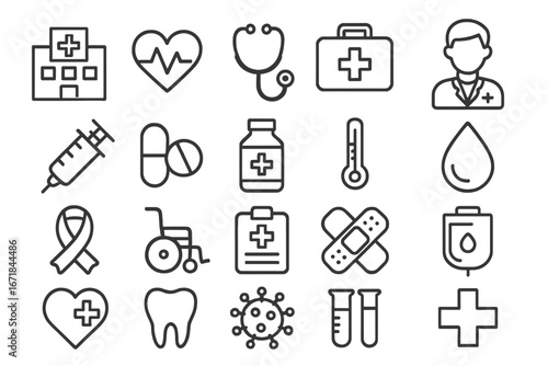Medical and healthcare line icon set. Vector symbols for hospital, health, medicine, and treatment. Includes doctor, virus, heart, syringe, pill, first aid, and dental icons.
