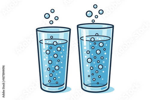 Two glasses of sparkling water with bubbles. Vector illustration of fresh, clean carbonated mineral water. Healthy hydration, refreshment drink concept. Soda pop cartoon icon.