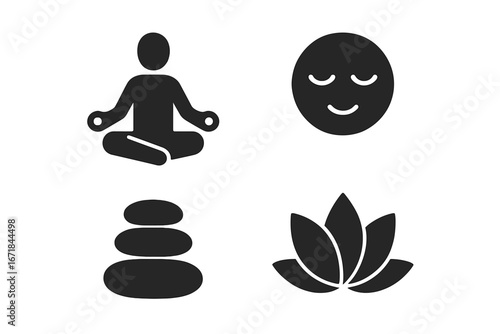 Mindfulness meditation solid icon set. Glyph vector symbols of yoga lotus pose, calm face, zen stones, and lotus flower. Spiritual balance, harmony, and relaxation concept.