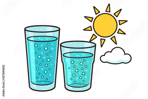 Two glasses of sparkling water with bubbles. Summer refreshment drink on a sunny day. Thirst quenching mineral water concept. Vector cartoon illustration for hydration.