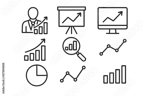 Business analytics outline icon set. Data analysis and performance metrics symbols. Collection of vector line art charts, graphs and diagrams for reports and infographics.