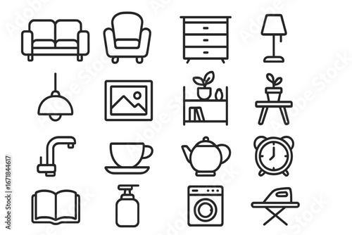 Home lifestyle outline icon set. Furniture, decor, household essentials. Couch, lamp, plant, kitchen, laundry symbols. Minimal vector line art collection for web design.