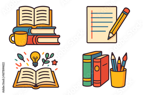 Set of cartoon icons for education and creativity. Vector illustrations of books, writing, learning, and knowledge. Symbols for school, library, study, and inspiration.