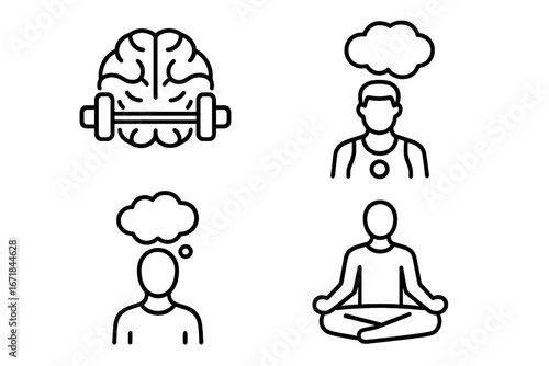 Sports psychology and mindfulness outline icon set. Mental health, brain training, and athlete mindset concept. Vector icons of brain with dumbbell, meditating person, and yoga.