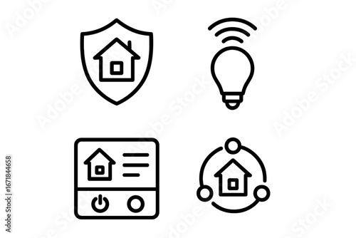 Home automation linear icon set. Smart home technology outline symbols. Vector icons for security, connectivity, smart devices, lighting control and energy management system.