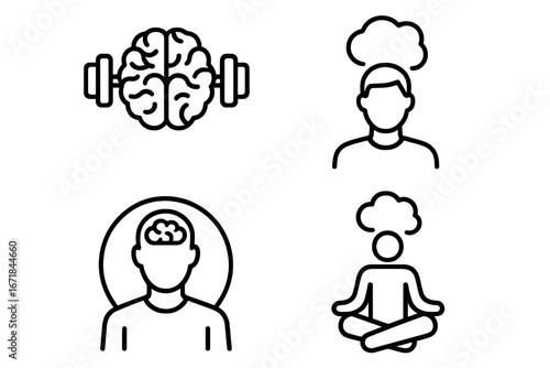 Sports psychology and mindfulness outline icon set. Brain training with dumbbell, athlete focus, meditation and mental health vector icons. Concept of mindset and wellness.