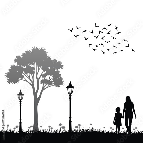 Mother and child walking in park with tree and birds