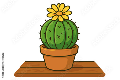 Cute cartoon cactus with yellow flower in a pot. Vector illustration of a blooming succulent houseplant for natural home decor. Isolated botanical art on a wooden surface.