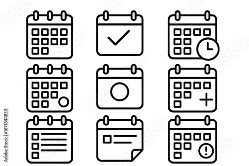 Calendar scheduling outline icon set. Planner event and date management vector collection. Time, reminder, agenda, appointment, and deadline symbols for web and mobile apps.