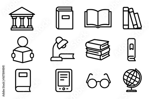 Library and books outline icon set for education and literature. Vector symbols of reading, learning, knowledge, and study. Includes ebook, globe, and university icons.