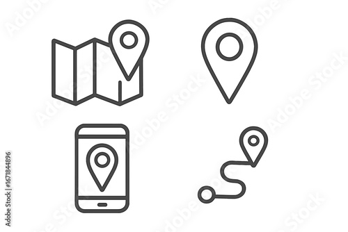 Map and GPS line icon set. Navigation and location tracking outline collection. Vector concept for destination, journey, route, pin, marker. Phone app interface elements.