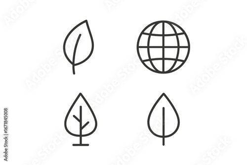 Eco icons set. Minimal outline symbols for ecology, environment, and sustainability. Vector leaf, globe, and tree signs for green branding, nature conservation, and web design.