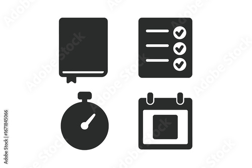 Productivity solid glyph icon set. Time management, planning and self-organization vector icons. Journal, checklist, habit tracker, focus timer, daily schedule, to-do list.
