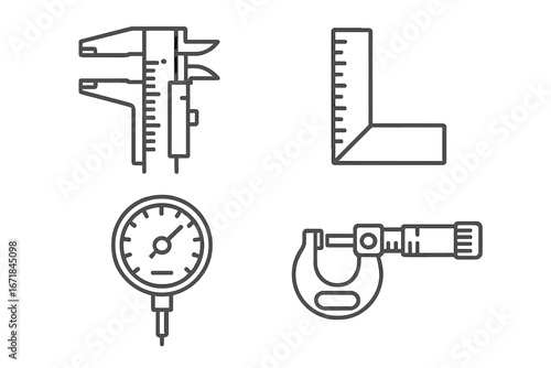 Measurement tools icon set. Vector line art of precision engineering instruments. Includes caliper, micrometer, dial gauge, and try square. Concept of accuracy and dimension.