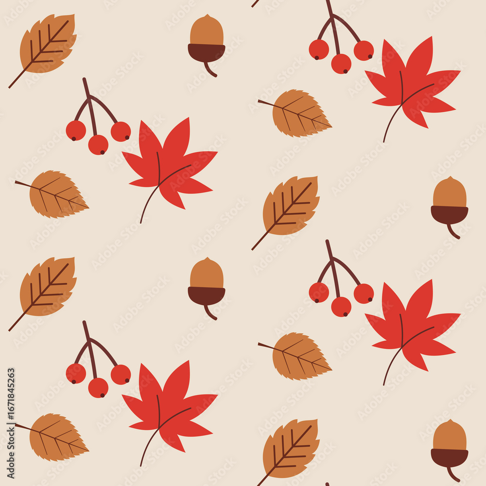 Fototapeta premium Seamless Pattern Featuring Autumn Leaves in Seasonal Colors and Designs