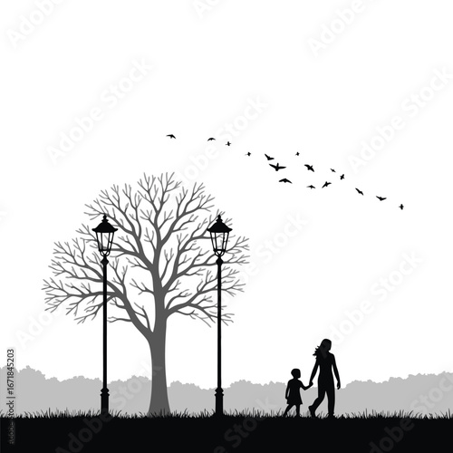 Mother and child walking past lampposts under bare tree and flying birds