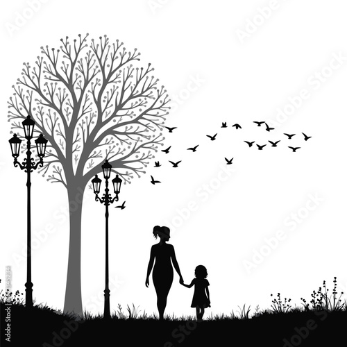 Mother and child walking under a tree with streetlights and flying birds