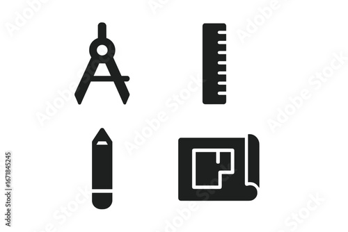 Minimalist drafting tools icon set. Solid vector glyphs of compass, ruler, pencil, blueprint. For architecture, construction, engineering, floor plan design, technical drawing.