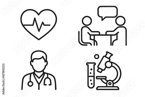 Medical and healthcare line icon set. Vector symbols for health. Doctor consultation, patient therapy, heartbeat, ecg, lab research, microscope, test tube illustration.