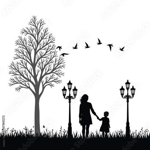 Mother and child walking under bare tree and streetlights with birds flying
