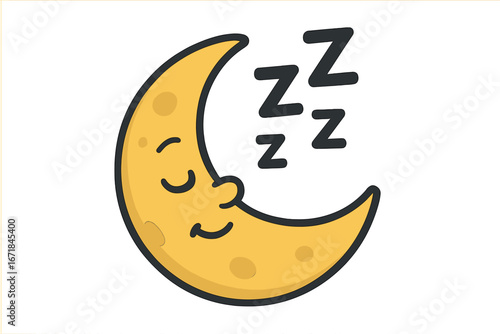 Cute cartoon sleeping crescent moon character. Sleepy mascot icon for bedtime and good night. Vector illustration with zzz symbol for rest, relax and dreams. Isolated emoji.