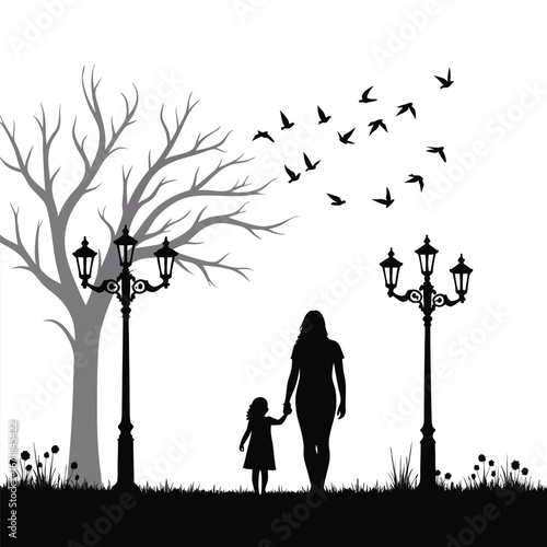 Mother and child walking under bare tree with streetlights and birds