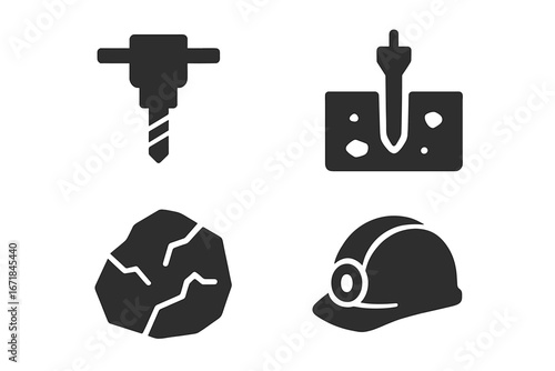 Mining icons set. Solid filled glyph collection for heavy industry. Contains geological drilling, core drill, borehole, rock ore sample and safety miner helmet vector symbol.
